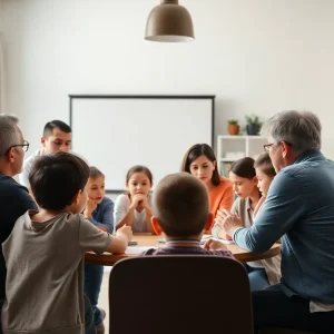 Families discussing online safety for children in a community meeting.