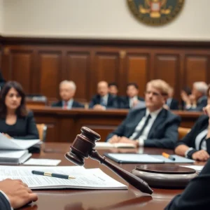 A courtroom during a sentencing session for COVID-19 fraud case