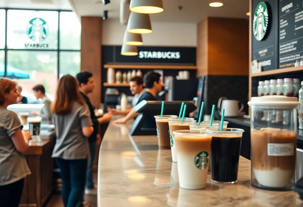 Inside a Starbucks café with coffee drinks