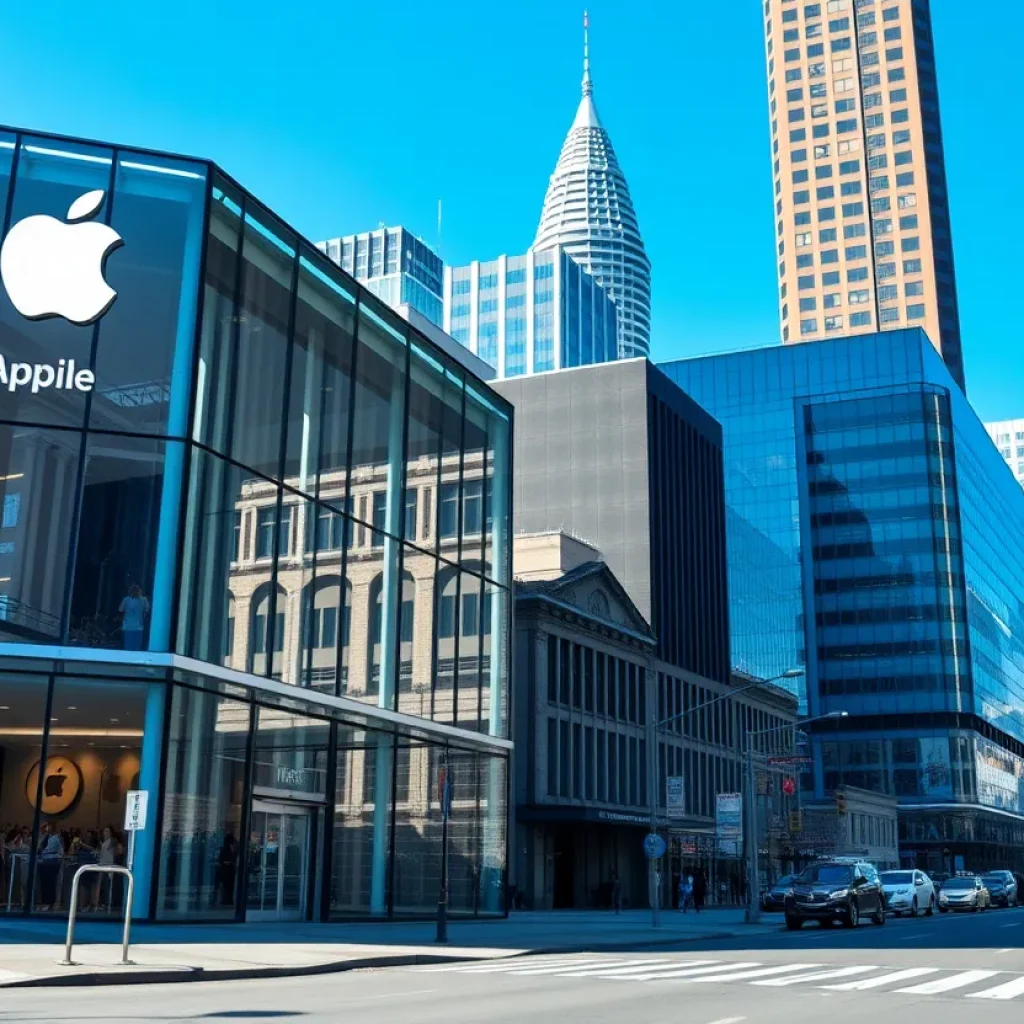 Cityscape of Detroit with Apple store and manufacturing academy