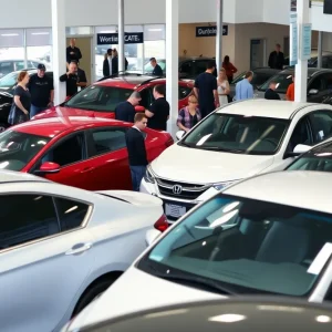 Customers exploring cars at a Detroit auto dealership