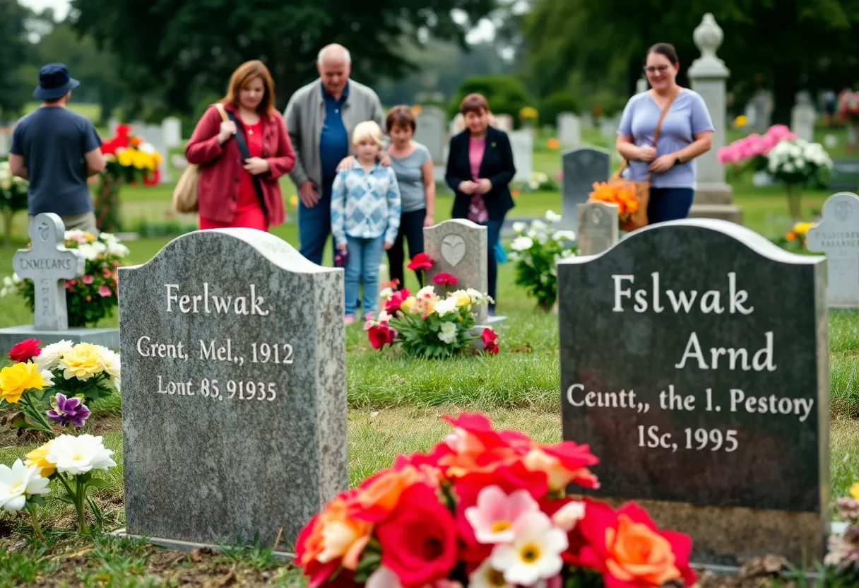 Confused family at a cemetery with incorrectly placed headstones
