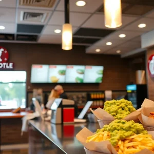 Interior view of a Chipotle restaurant featuring the ordering counter and guacamole.