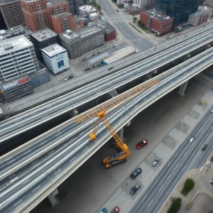A view of the McClellan Avenue overpass in Detroit with construction equipment nearby.
