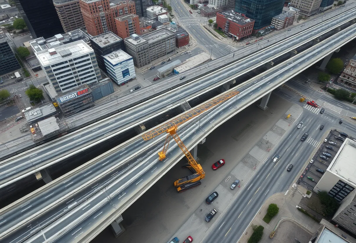 A view of the McClellan Avenue overpass in Detroit with construction equipment nearby.