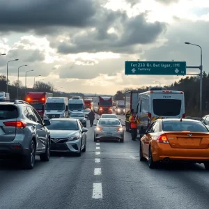 Multiple car accidents on a Detroit highway with emergency responders in action.