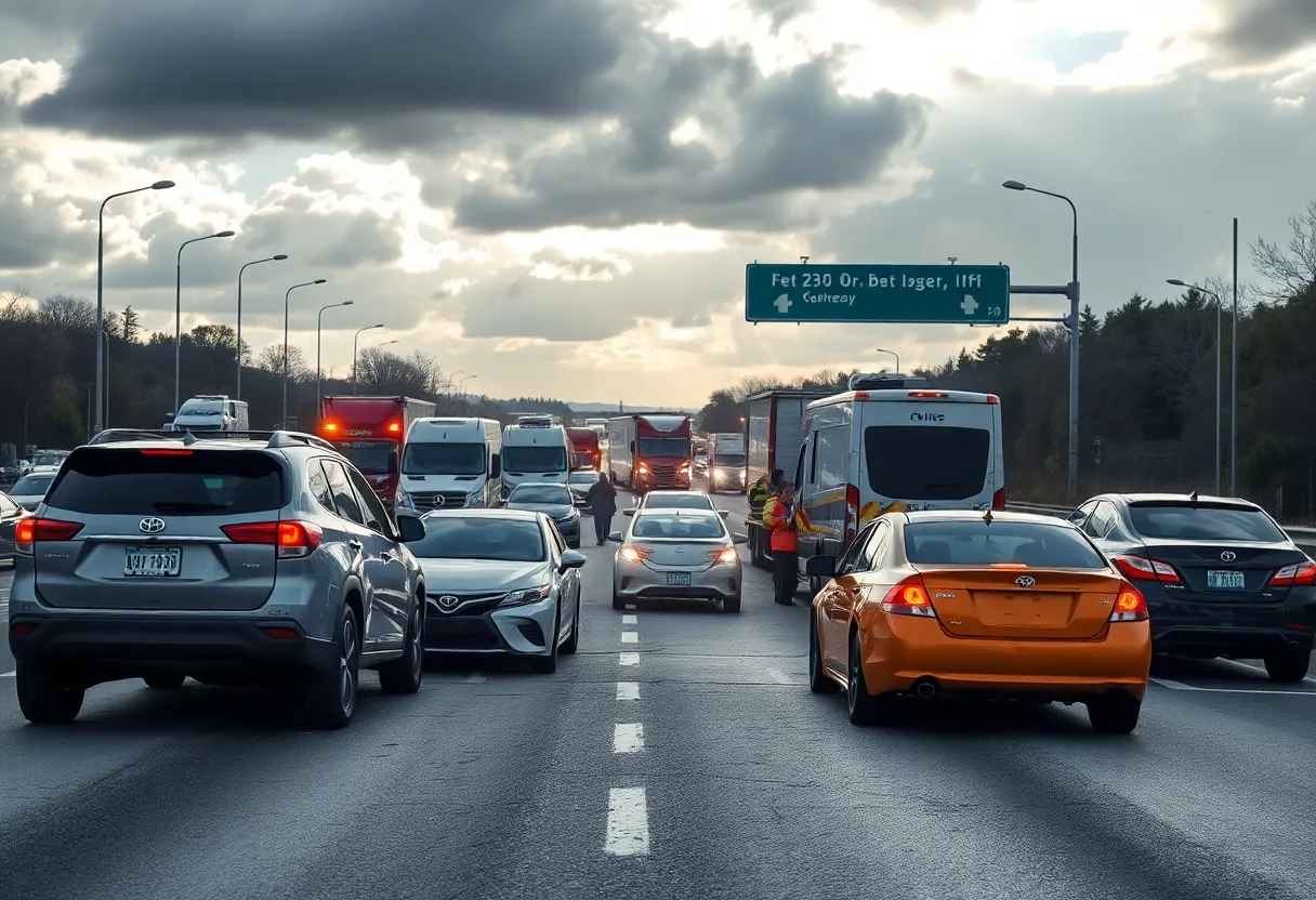 Multiple car accidents on a Detroit highway with emergency responders in action.