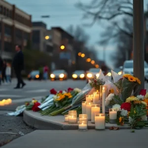 Candles and flowers at a memorial site in Detroit