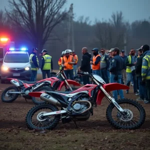 Scene of a dirt bike accident with emergency responders and community members