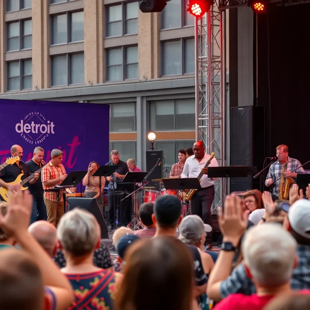 A lively scene from the Detroit Jazz Festival featuring musicians and festival-goers.