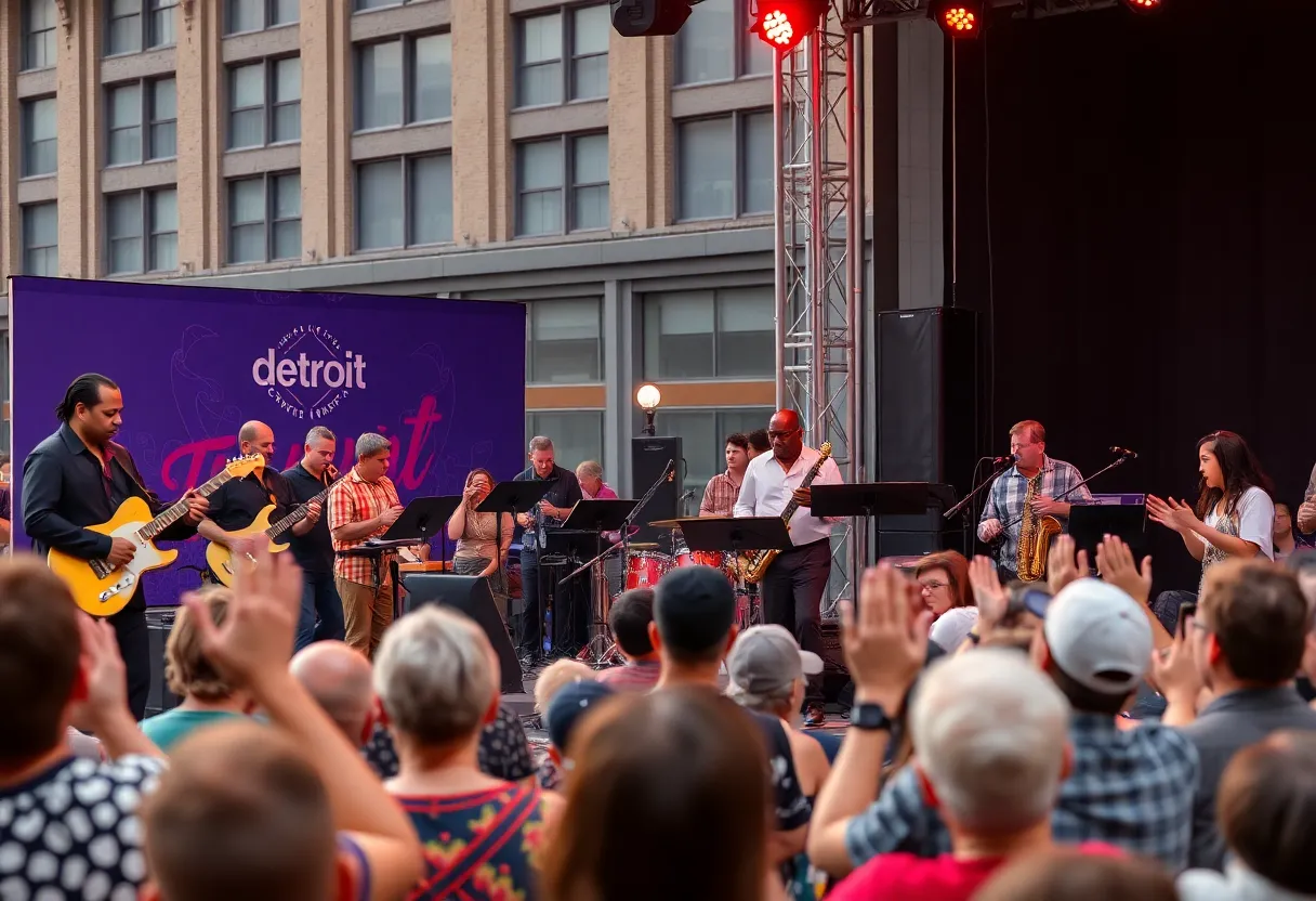 A lively scene from the Detroit Jazz Festival featuring musicians and festival-goers.