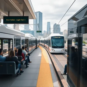 Passengers at Detroit People Mover Light Rail Station