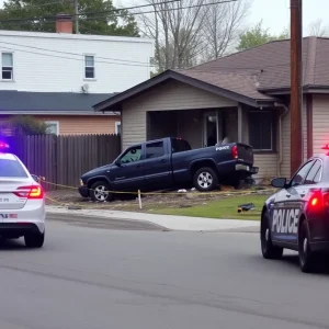 Damaged pickup truck crashed into a house after a police chase in Detroit.