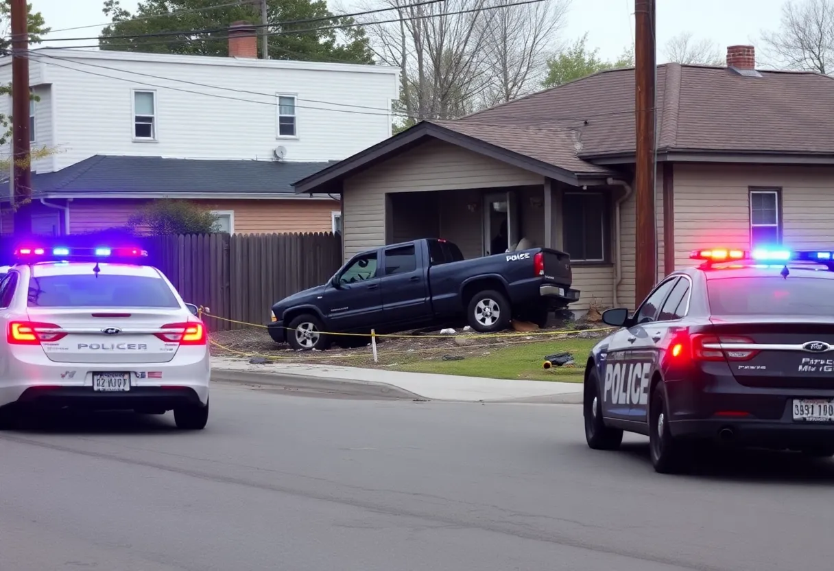 Damaged pickup truck crashed into a house after a police chase in Detroit.