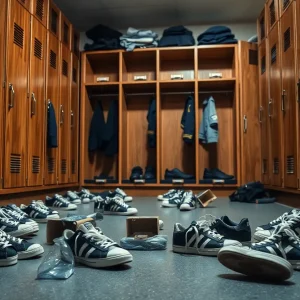 Illustration of a police locker room with scattered sneakers, symbolizing theft and accountability.