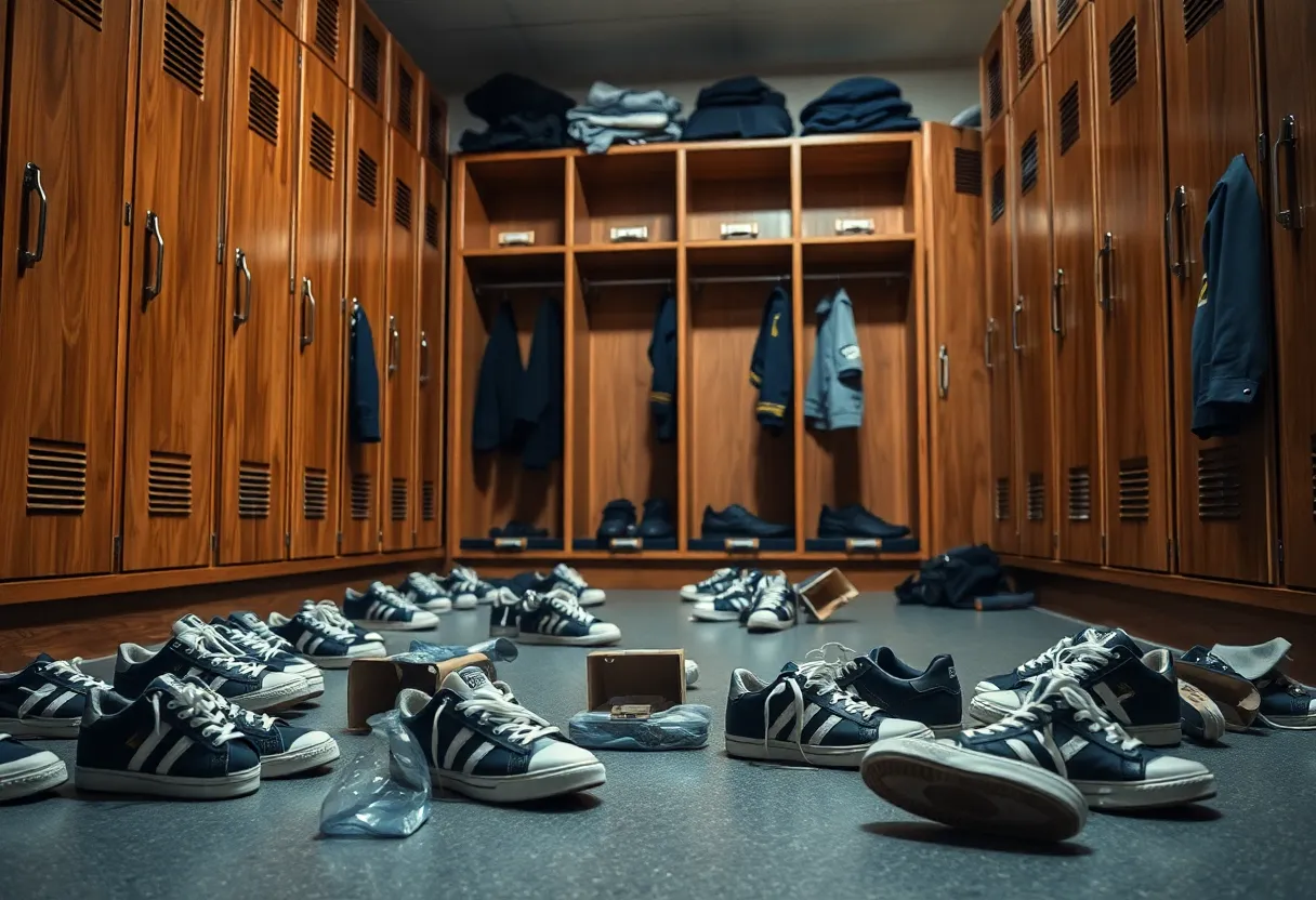 Illustration of a police locker room with scattered sneakers, symbolizing theft and accountability.