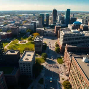 Aerial view of Detroit's revitalized skyline with modern buildings and green spaces