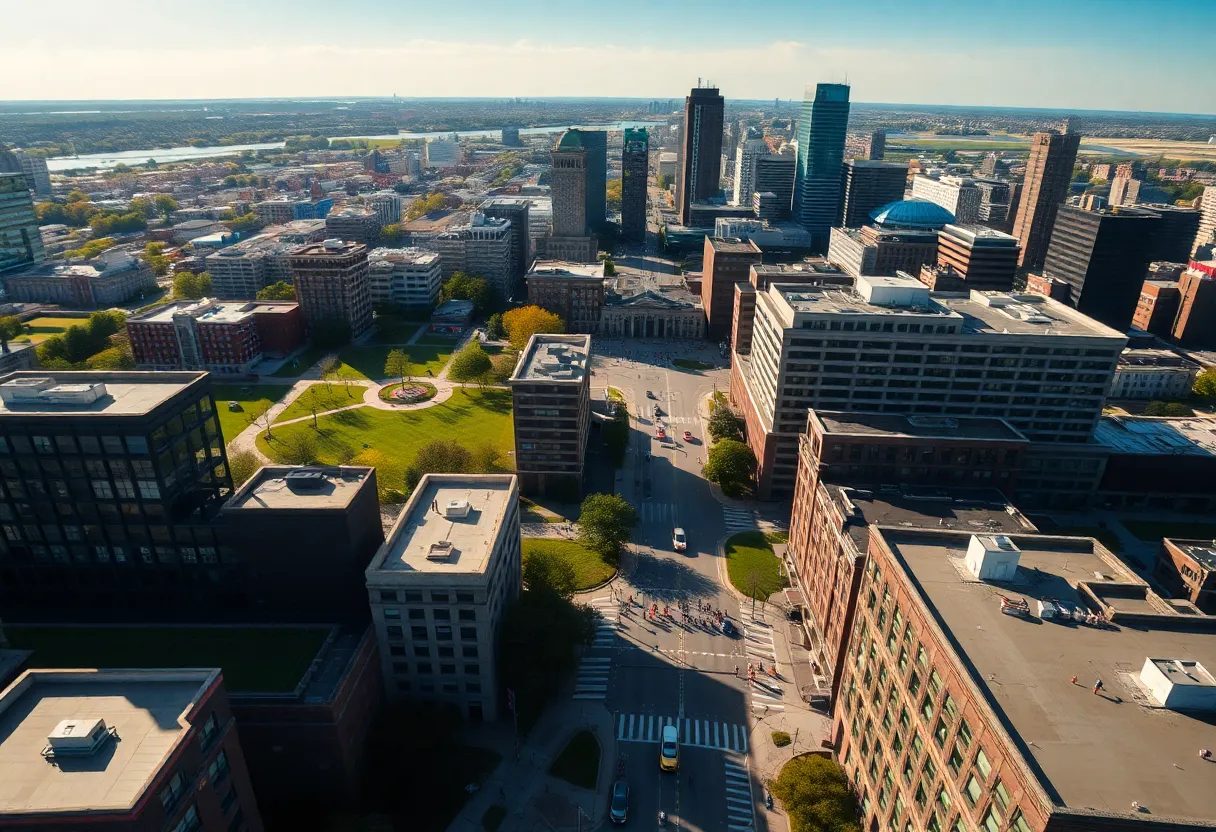 Aerial view of Detroit's revitalized skyline with modern buildings and green spaces