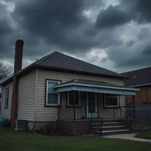 A house in east Detroit under dark clouds, representing a tragic event.