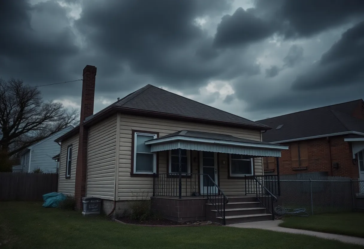 A house in east Detroit under dark clouds, representing a tragic event.