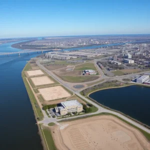 Aerial view of the Uniroyal site along the Detroit River