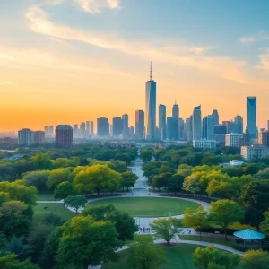 City skyline of Detroit with parks and recreational areas