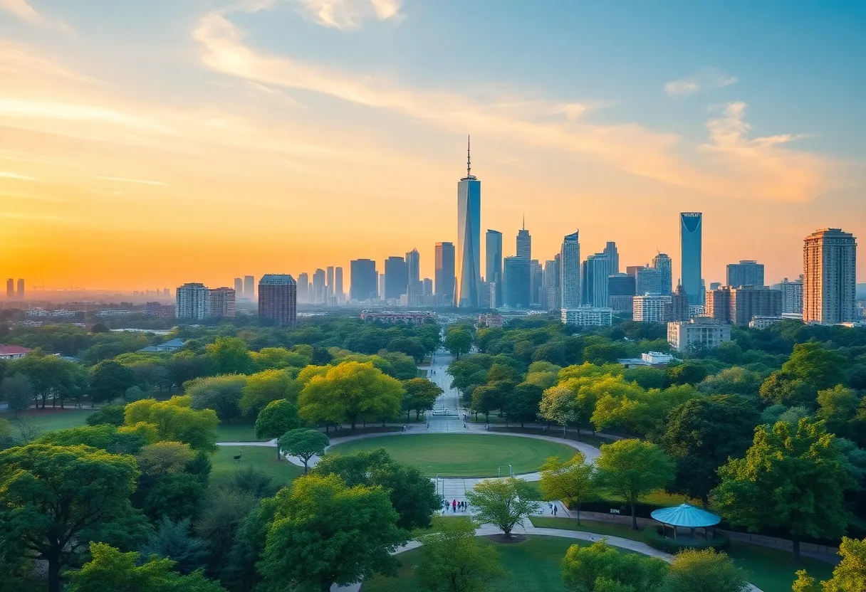 City skyline of Detroit with parks and recreational areas