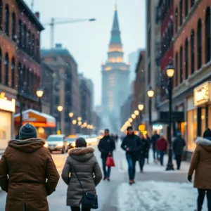 Winter in Detroit with snowflakes and people bundled up