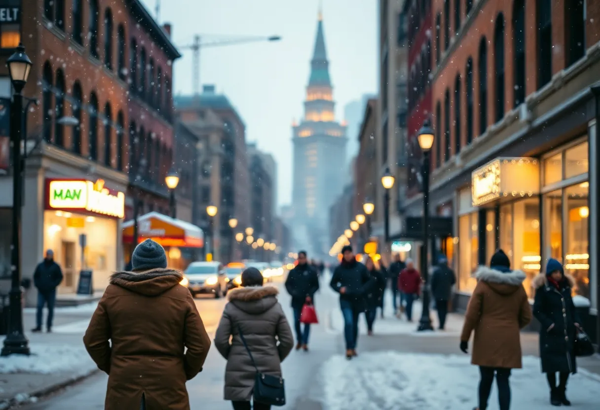 Winter in Detroit with snowflakes and people bundled up