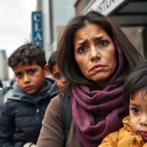 Concerned mother with her children in urban Detroit