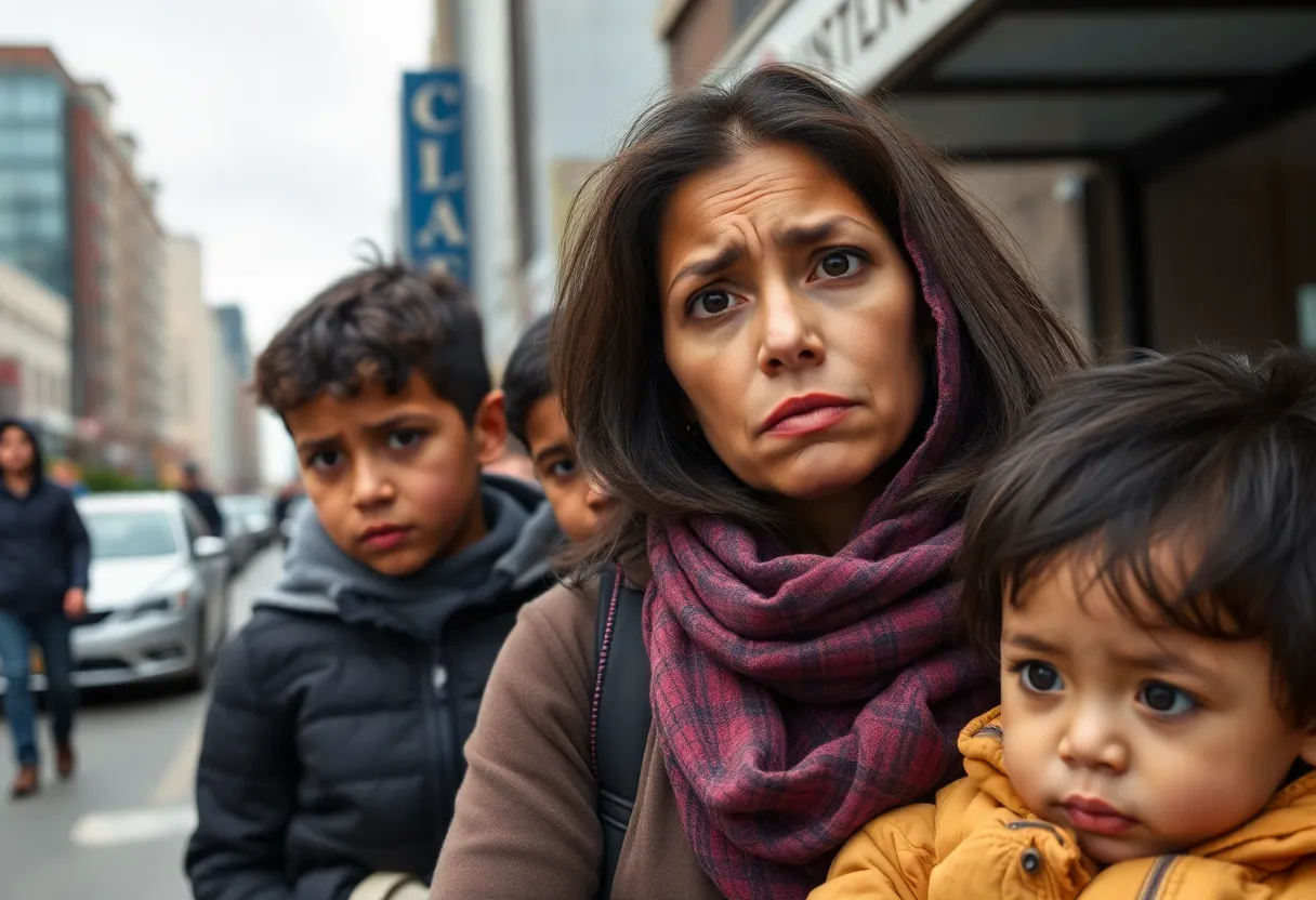 Concerned mother with her children in urban Detroit