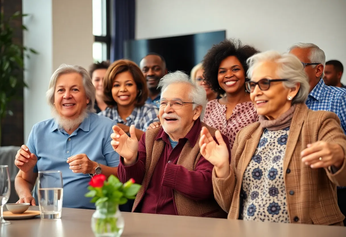 Diverse group of retirees in Detroit celebrating financial relief