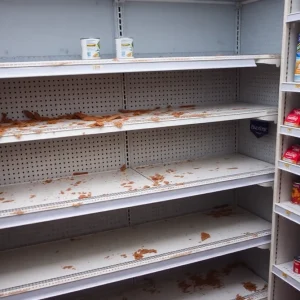 Empty shelves of a food bank in Michigan, highlighting food shortages.