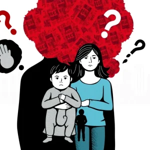 Illustration depicting a family in a state of confusion and fear amidst a city backdrop.