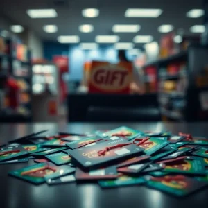 Scattered gift cards representing fraud