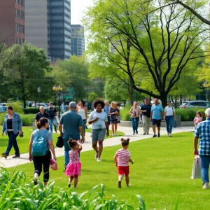 Visitors enjoying Grand Circus Park in Detroit