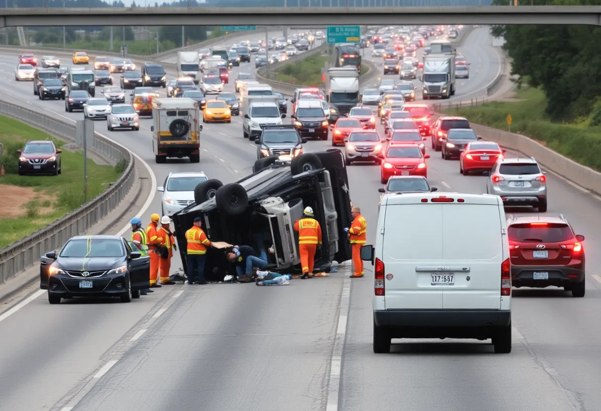 Emergency responders assist at an I-75 rollover crash site with a congested highway.