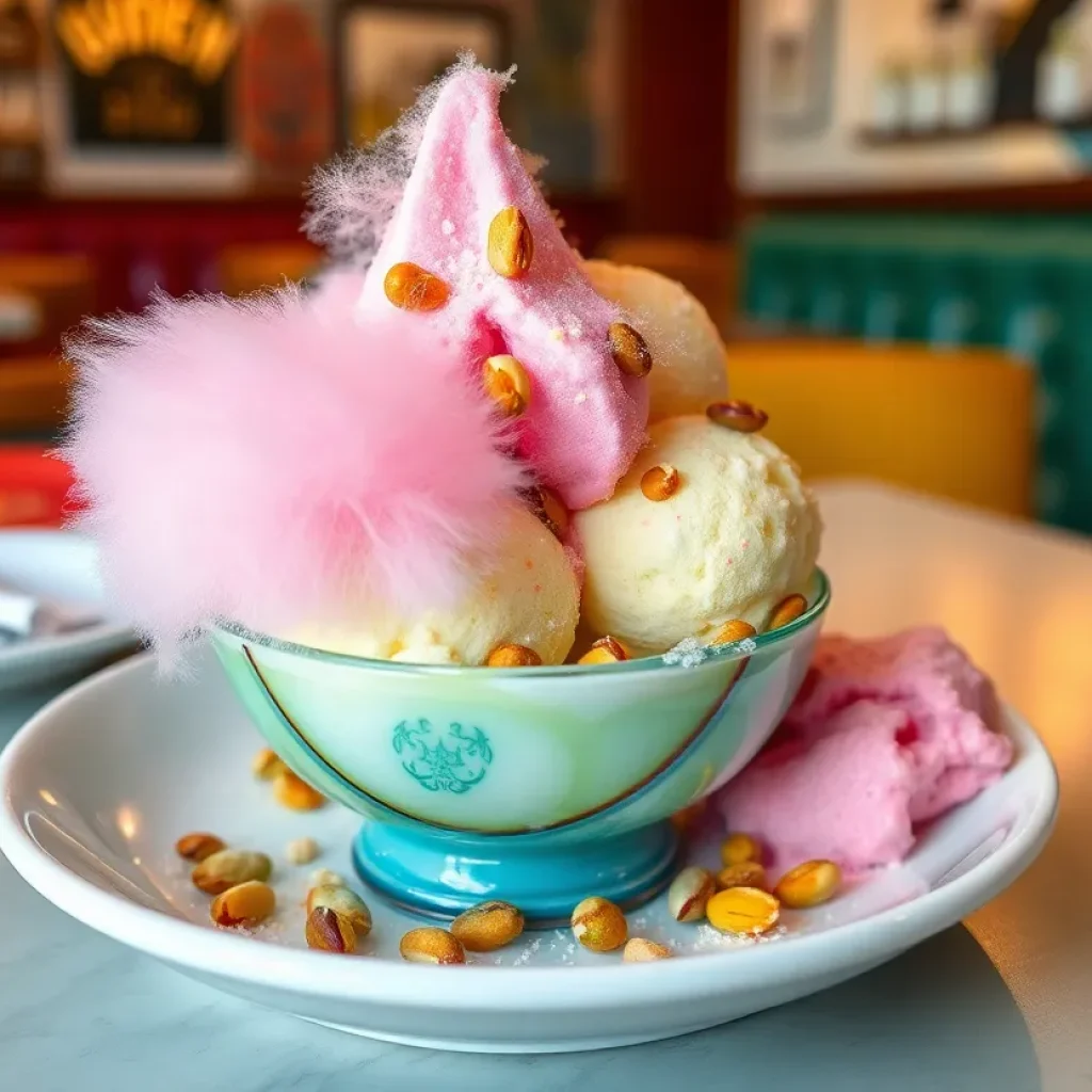Lebanese Sundae featuring rose-flavored ice cream, fairy floss, and pistachios