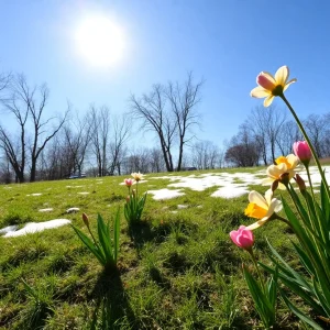 Spring landscape in Metro Detroit with flowers and blue sky