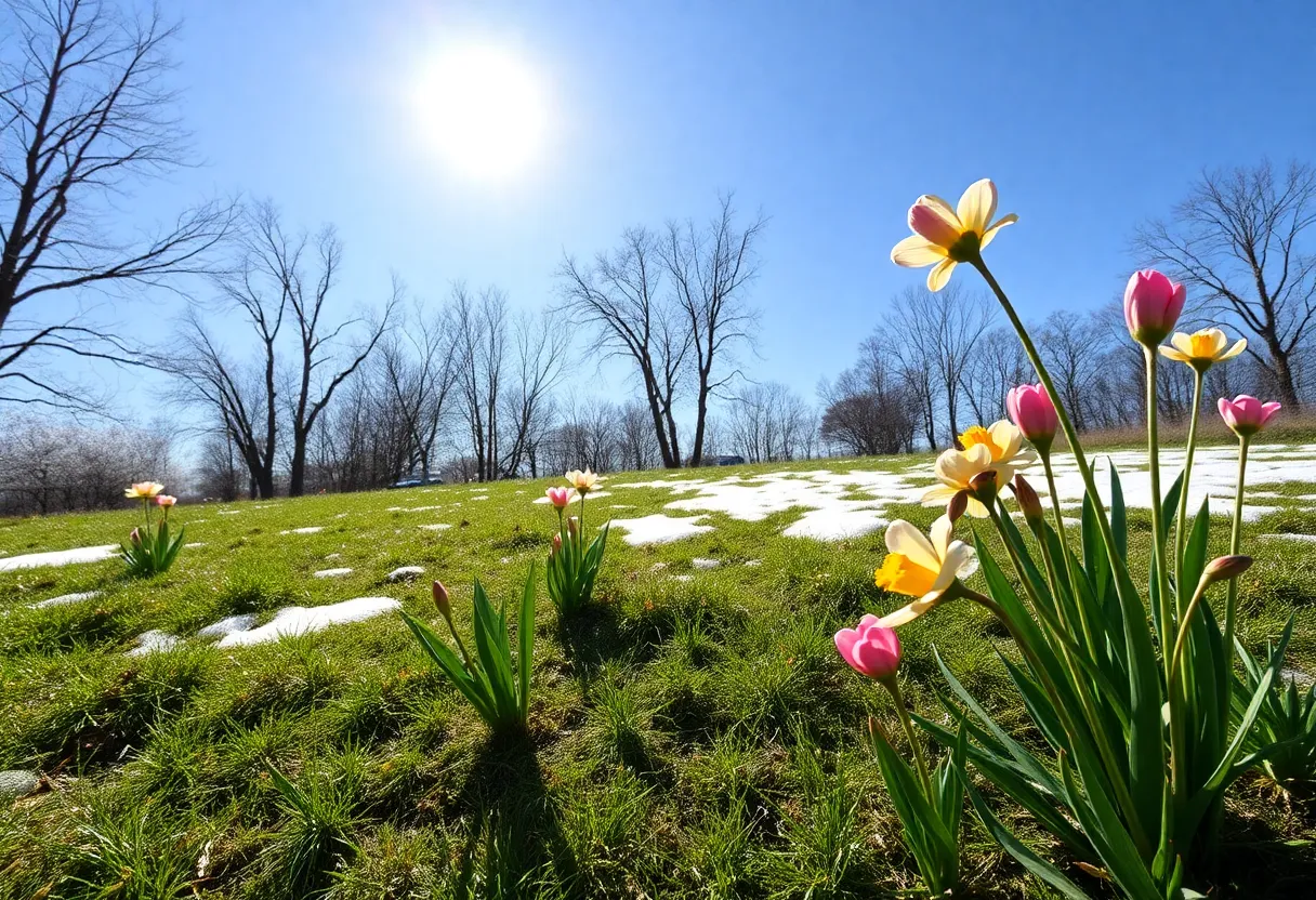 Spring landscape in Metro Detroit with flowers and blue sky