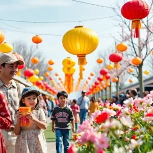 Families enjoying a spring festival in Michigan with lanterns and flowers.