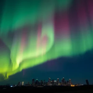 Auroras lighting up the night sky over Metro Detroit city skyline