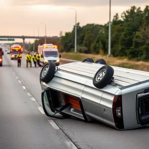 Overturned pickup truck on I-75 surrounded by emergency responders.