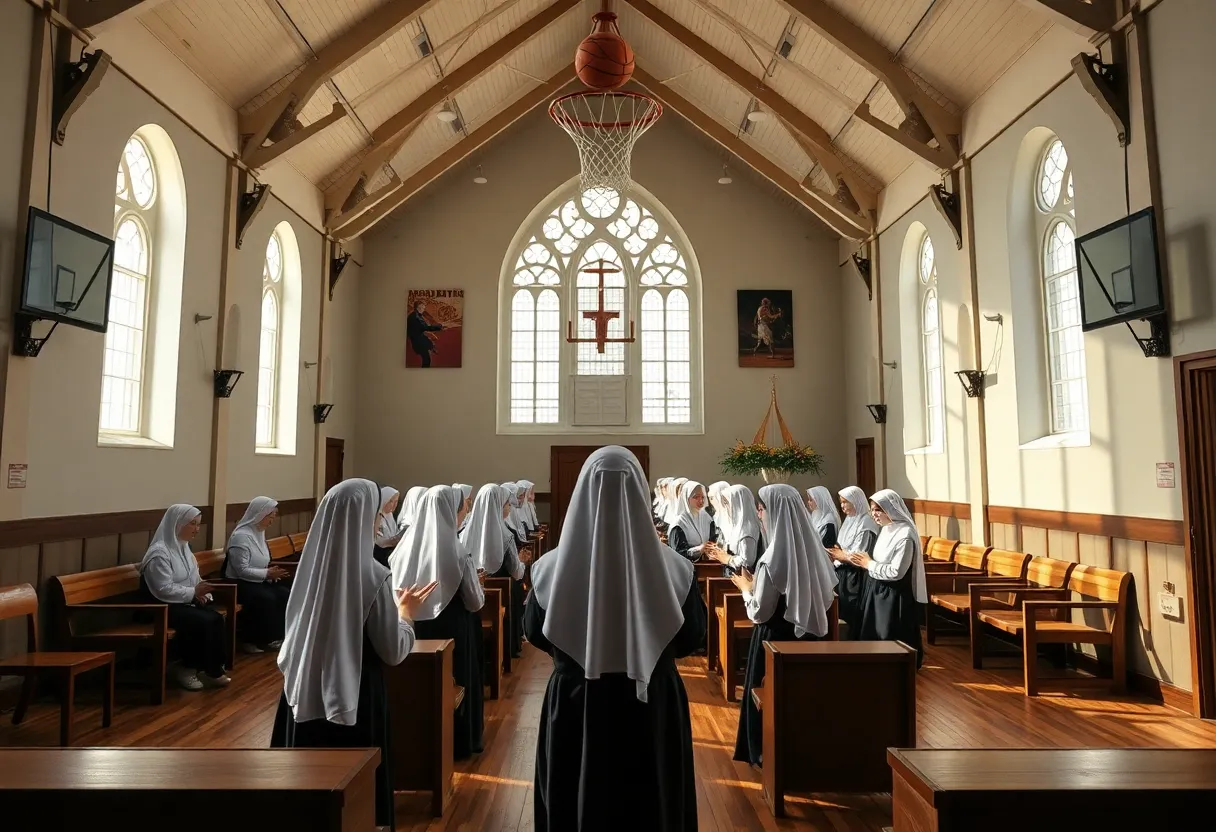 Sisters in a convent prayer setting with subtle sports elements