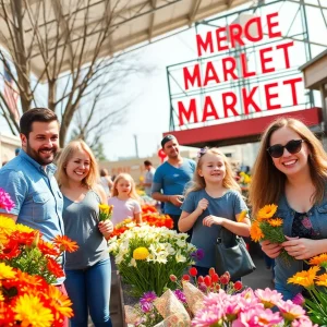Families enjoying Spring events at Eastern Market with blooming flowers.