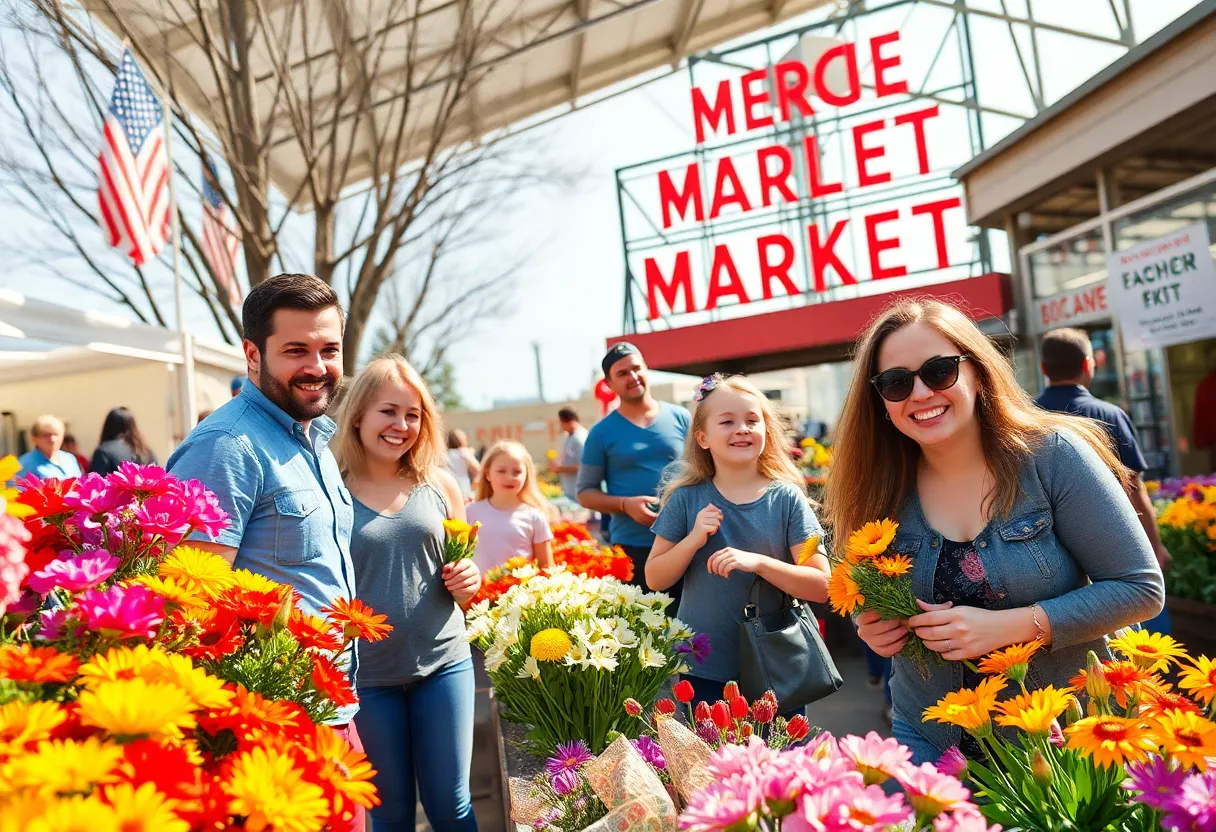 Families enjoying Spring events at Eastern Market with blooming flowers.