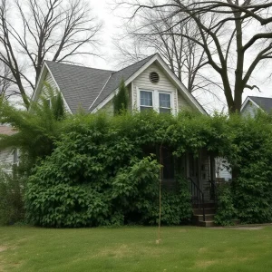 Abandoned house with overgrown plants in Detroit neighborhood
