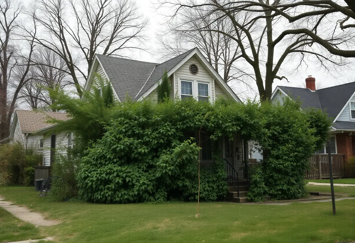 Abandoned house with overgrown plants in Detroit neighborhood