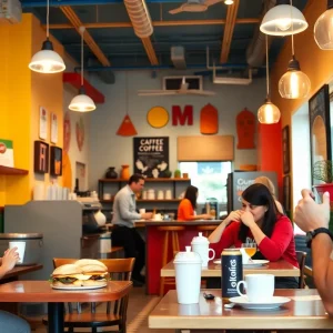 Interior of A.M. Buzz coffee shop with customers enjoying their drinks