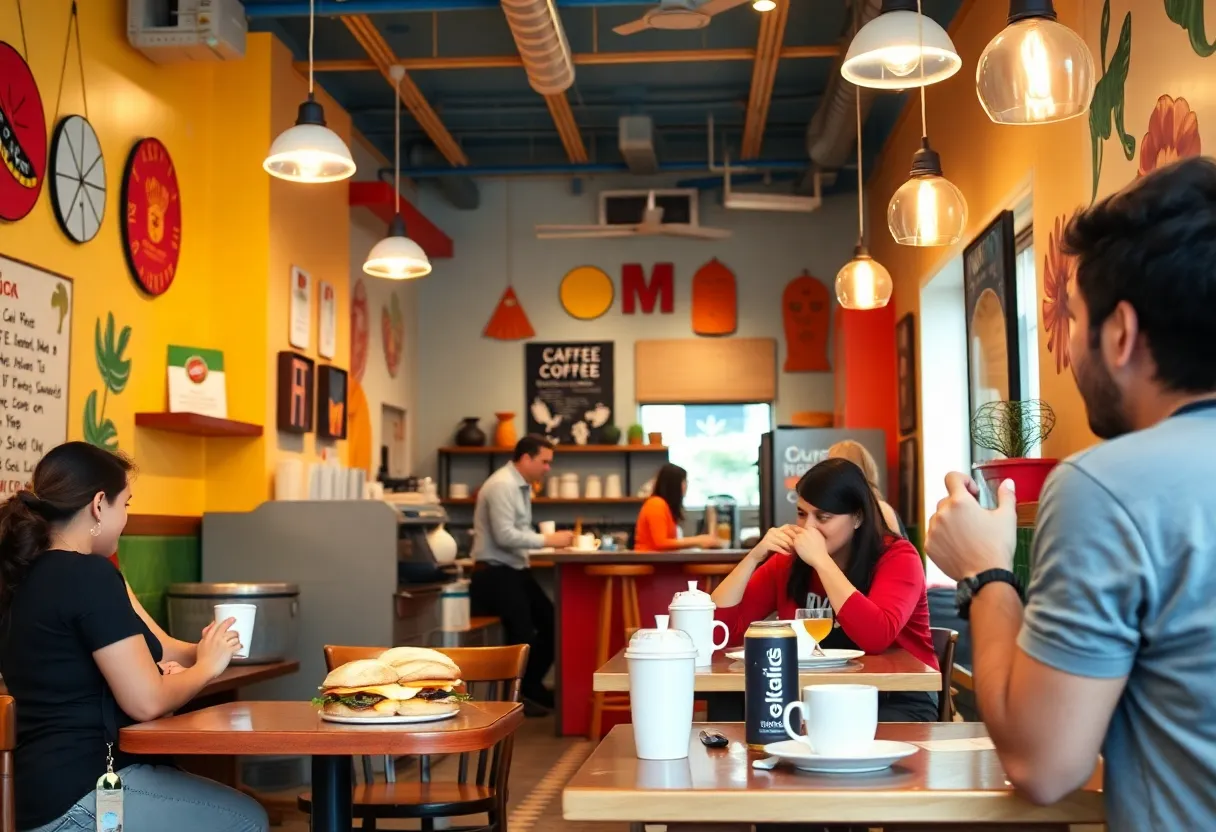 Interior of A.M. Buzz coffee shop with customers enjoying their drinks